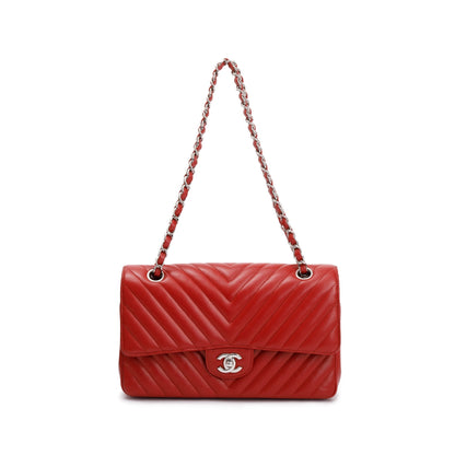Chanel Red Chevron Calfskin Leather Classic Medium Double Flap Bag