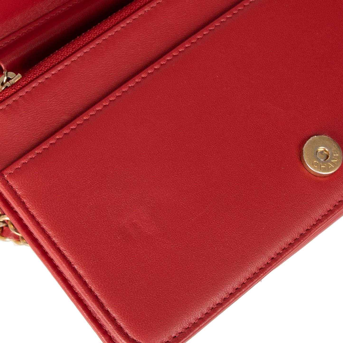 Chanel Red Lambskin Leather Boy Wallet on Chain