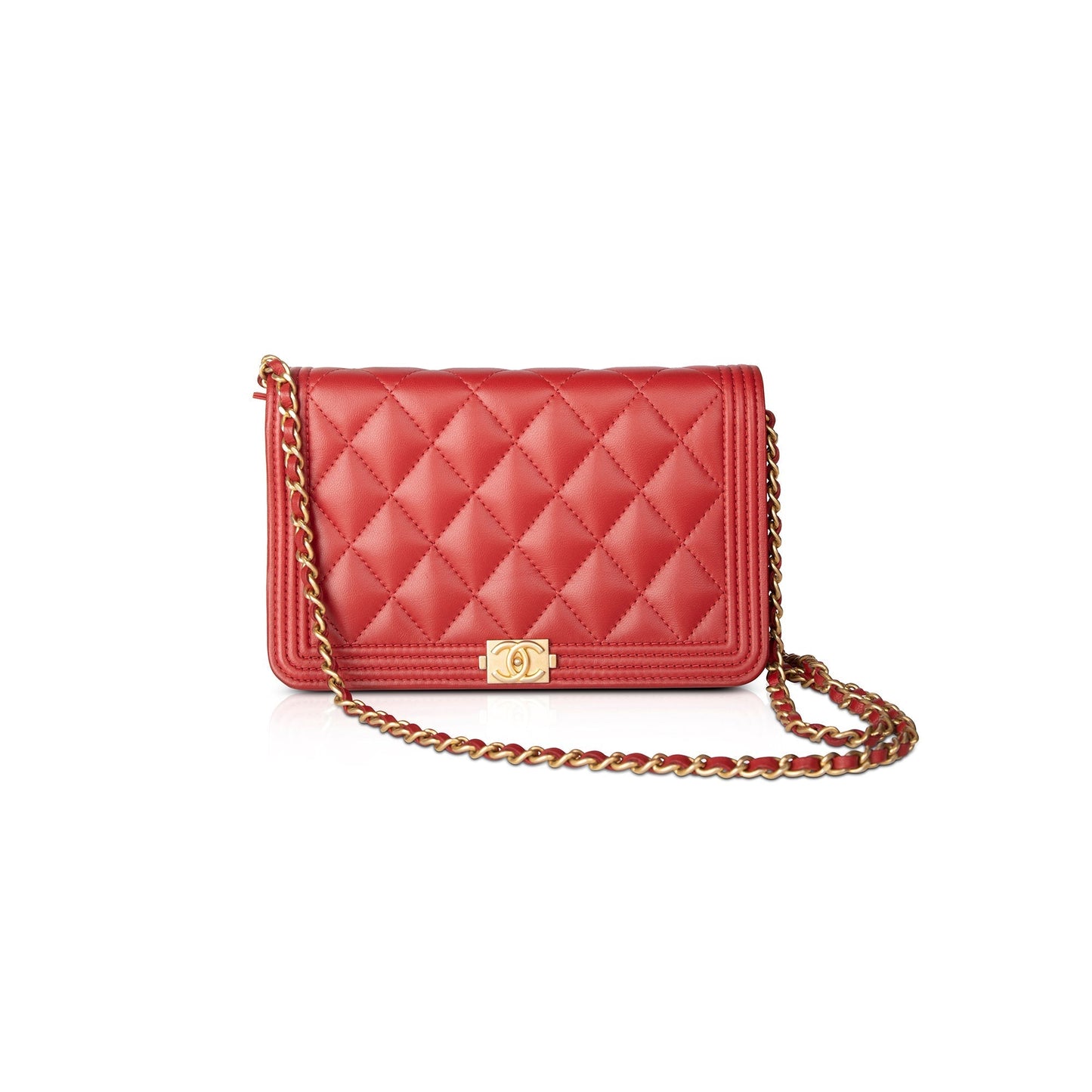 Chanel Red Lambskin Leather Boy Wallet on Chain