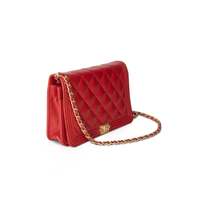 Chanel Red Lambskin Leather Boy Wallet on Chain