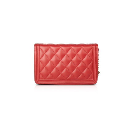 Chanel Red Lambskin Leather Boy Wallet on Chain