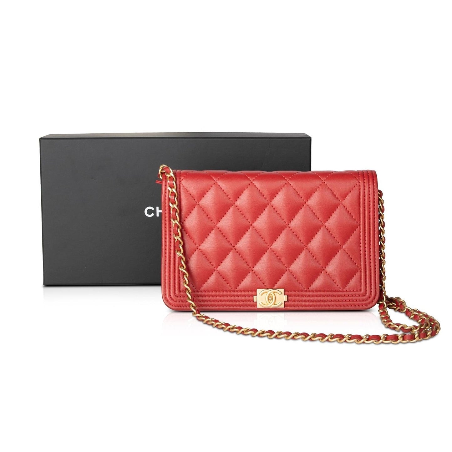 Chanel Red Lambskin Leather Boy Wallet on Chain