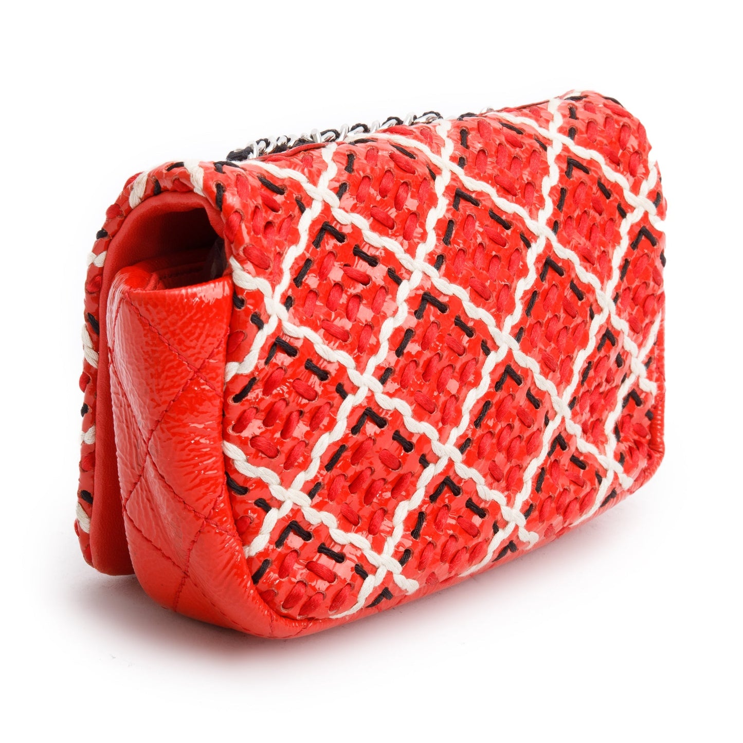 Chanel Red Patent Leather Woven Stitch CC Mini Full Flap Bag