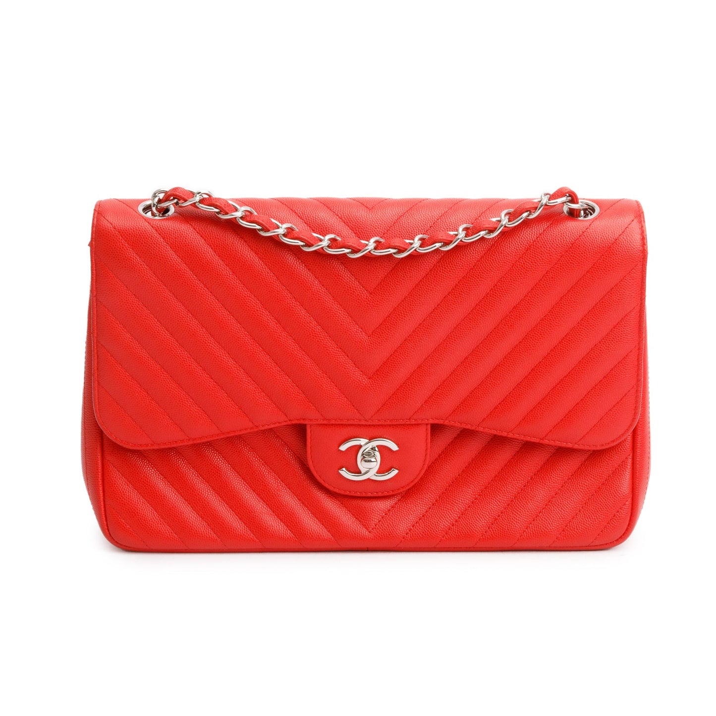 Chanel Red Quilted Caviar Leather Chevron Jumbo Double Flap Bag