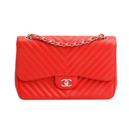 Chanel Red Quilted Caviar Leather Chevron Jumbo Double Flap Bag