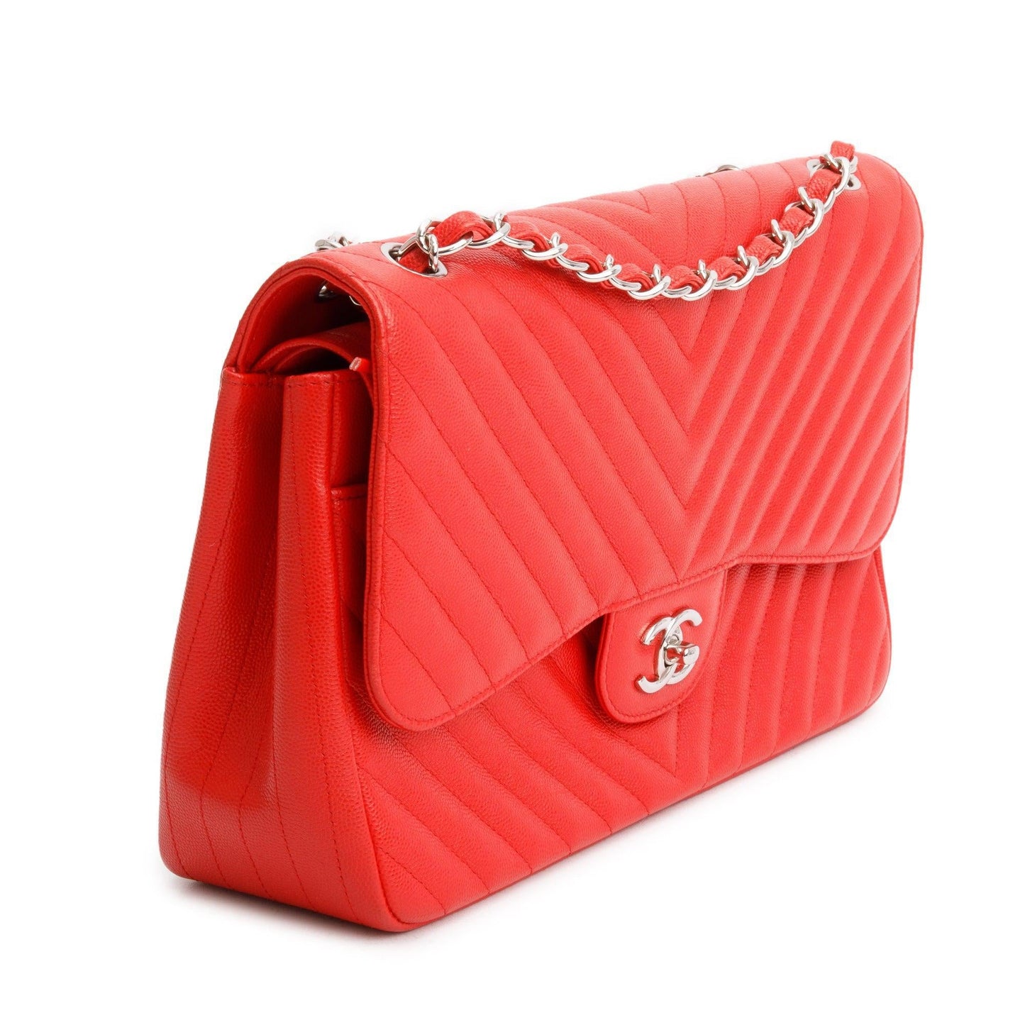 Chanel Red Quilted Caviar Leather Chevron Jumbo Double Flap Bag