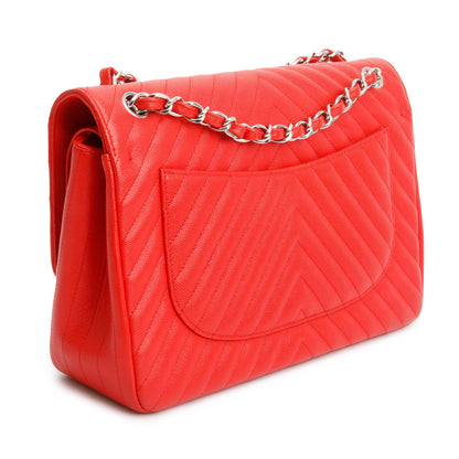 Chanel Red Quilted Caviar Leather Chevron Jumbo Double Flap Bag