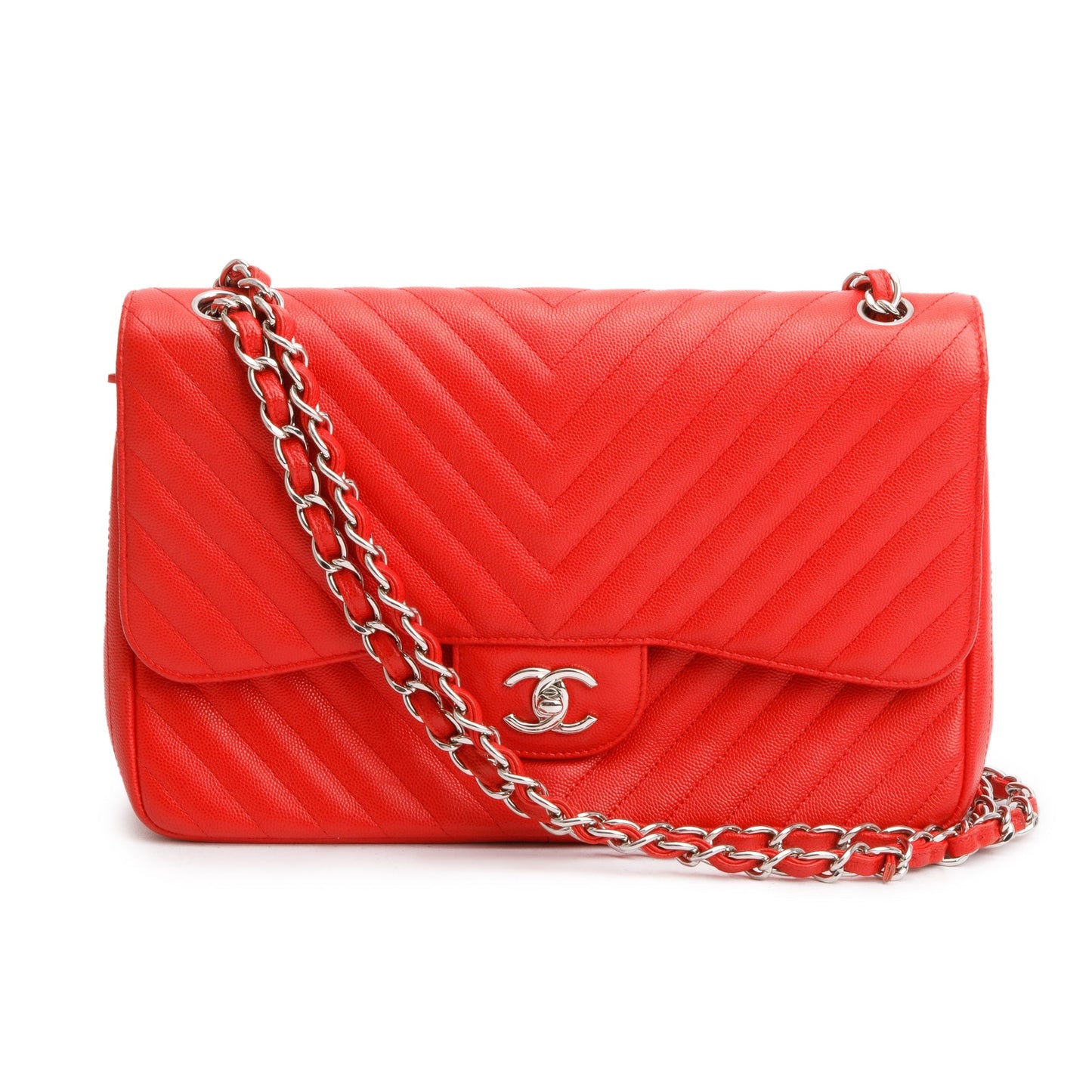 Chanel Red Quilted Caviar Leather Chevron Jumbo Double Flap Bag