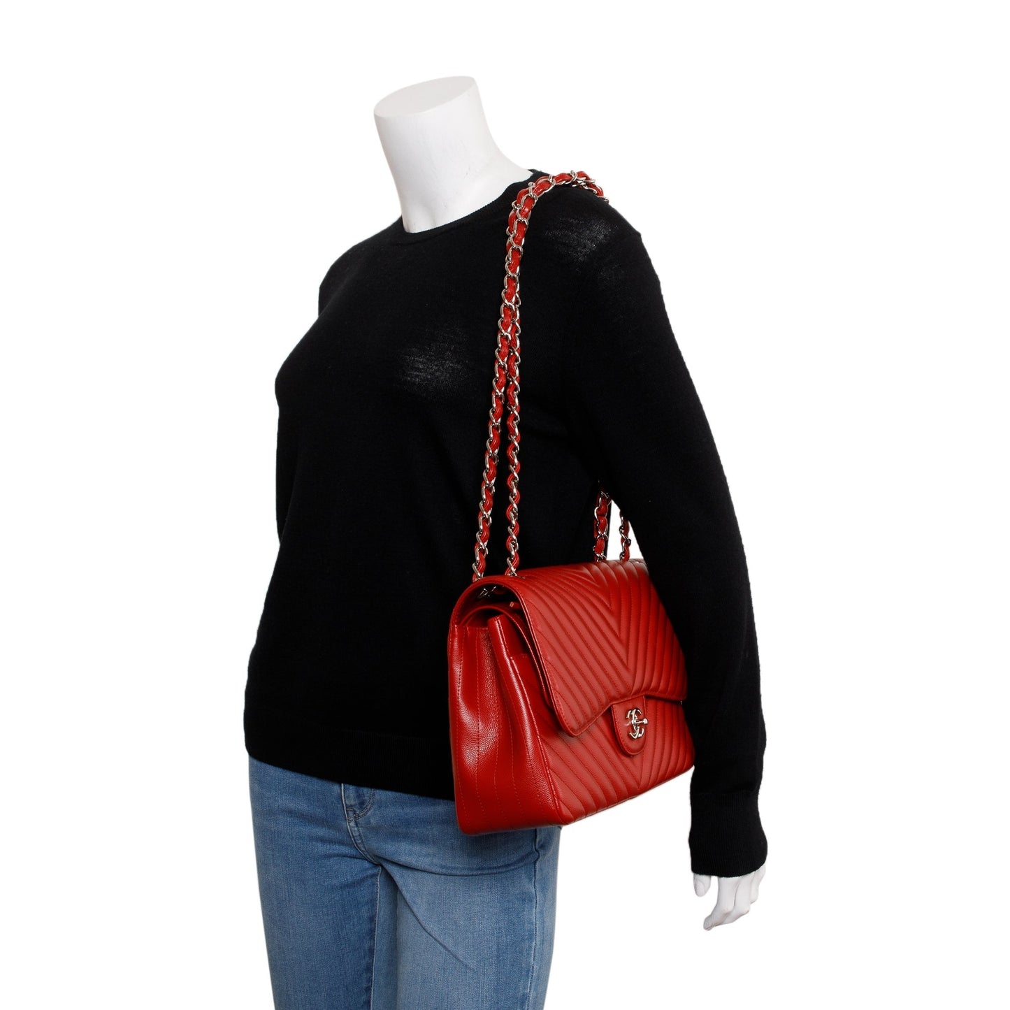 Chanel Red Quilted Caviar Leather Chevron Jumbo Double Flap Bag