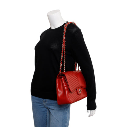 Chanel Red Quilted Caviar Leather Chevron Jumbo Double Flap Bag