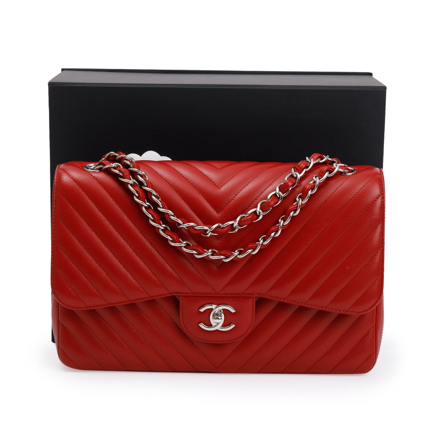 Chanel Red Quilted Caviar Leather Chevron Jumbo Double Flap Bag