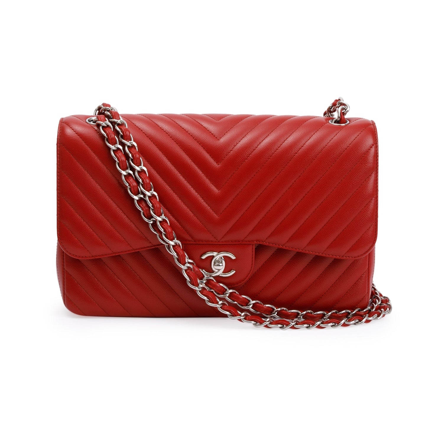 Chanel Red Quilted Caviar Leather Chevron Jumbo Double Flap Bag
