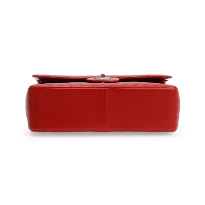 Chanel Red Quilted Caviar Leather Chevron Jumbo Double Flap Bag