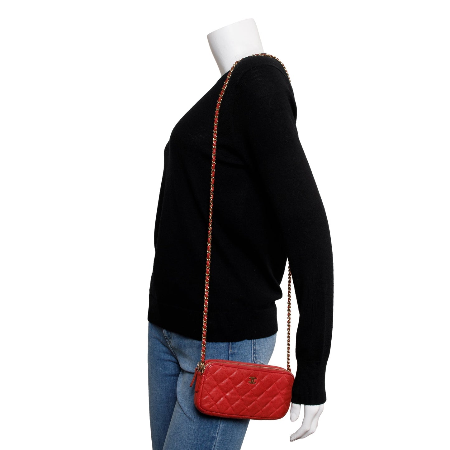 Chanel Red Quilted Caviar Leather Classic Double Zip Wallet on Chain