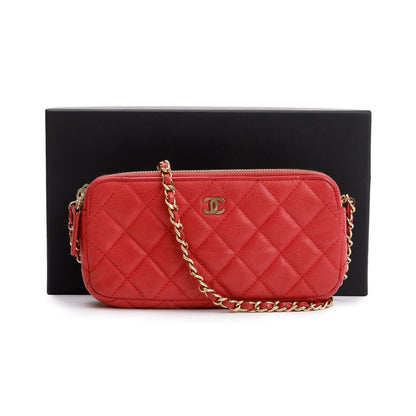 Chanel Red Quilted Caviar Leather Classic Double Zip Wallet on Chain