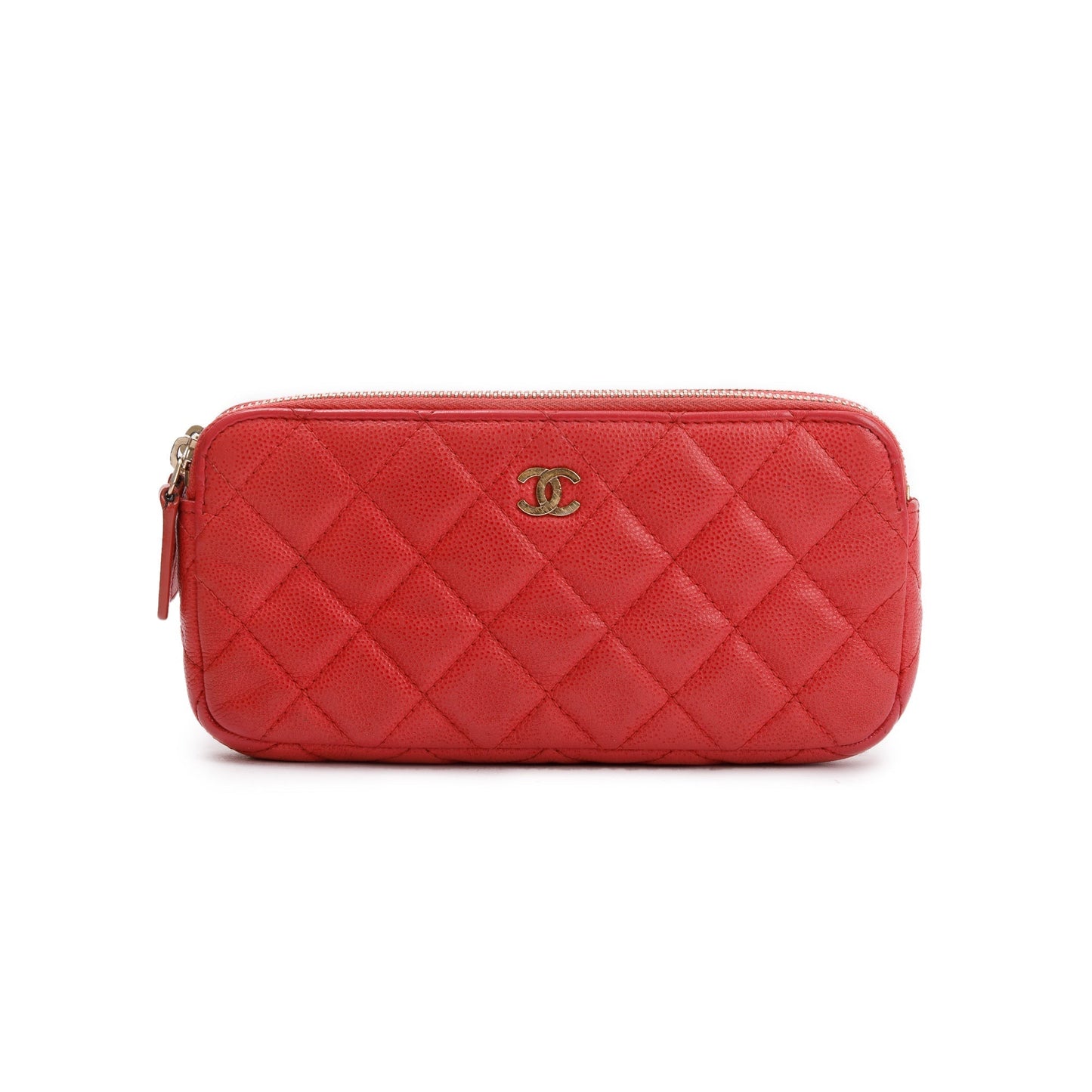Chanel Red Quilted Caviar Leather Classic Double Zip Wallet on Chain