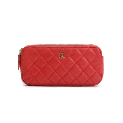 Chanel Red Quilted Caviar Leather Classic Double Zip Wallet on Chain