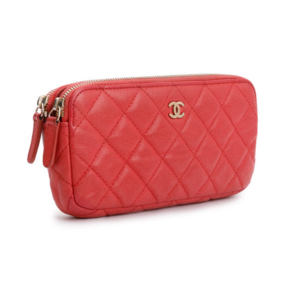 Chanel Red Quilted Caviar Leather Classic Double Zip Wallet on Chain