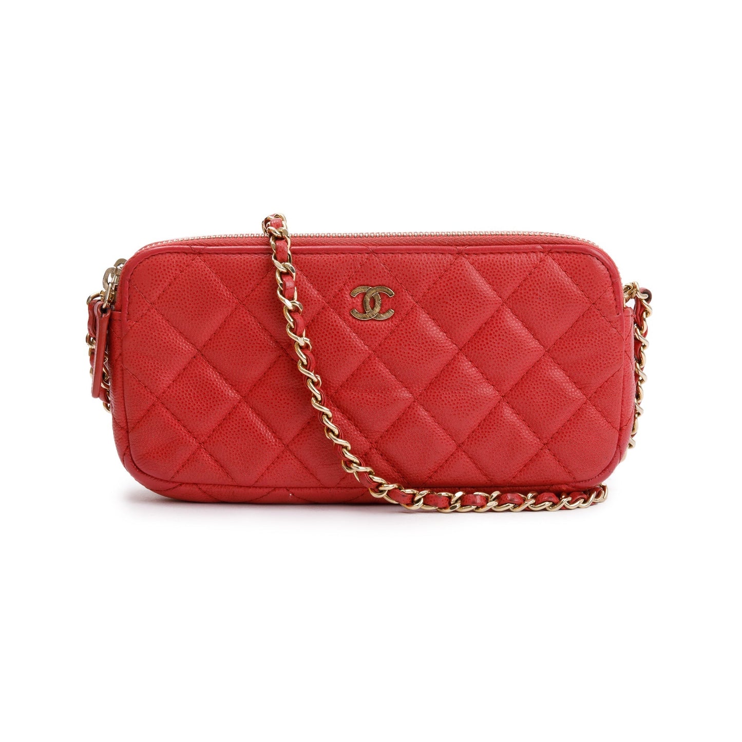 Chanel Red Quilted Caviar Leather Classic Double Zip Wallet on Chain