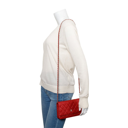 Chanel Red Quilted Caviar Leather Classic Wallet on Chain