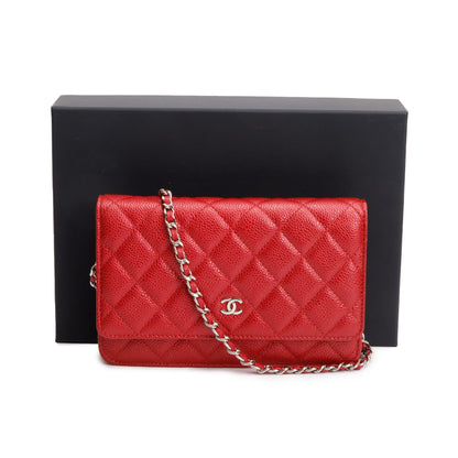 Chanel Red Quilted Caviar Leather Classic Wallet on Chain