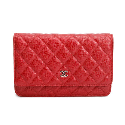 Chanel Red Quilted Caviar Leather Classic Wallet on Chain