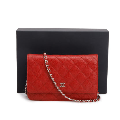 Chanel Red Quilted Caviar Leather Classic Wallet on Chain