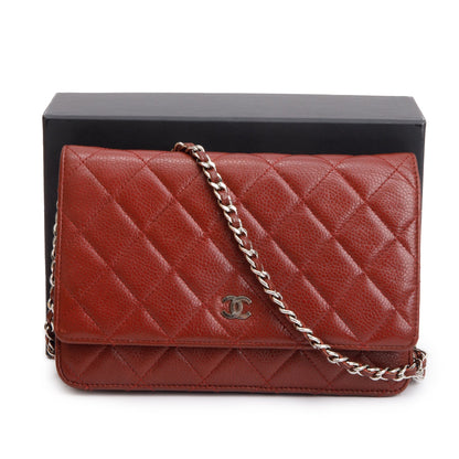 Chanel Red Quilted Caviar Leather Classic Wallet on Chain