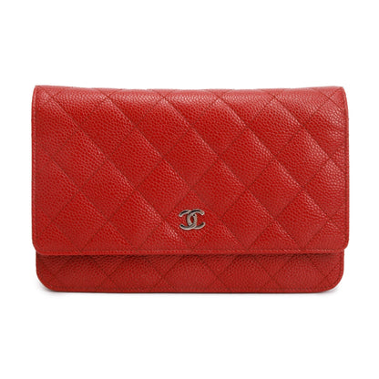 Chanel Red Quilted Caviar Leather Classic Wallet on Chain
