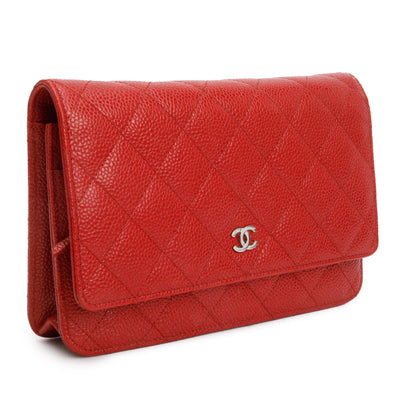 Chanel Red Quilted Caviar Leather Classic Wallet on Chain