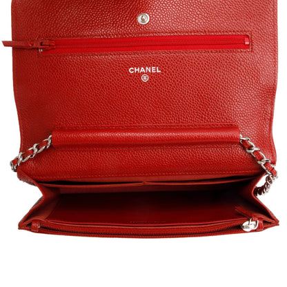 Chanel Red Quilted Caviar Leather Classic Wallet on Chain