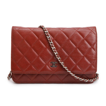 Chanel Red Quilted Caviar Leather Classic Wallet on Chain