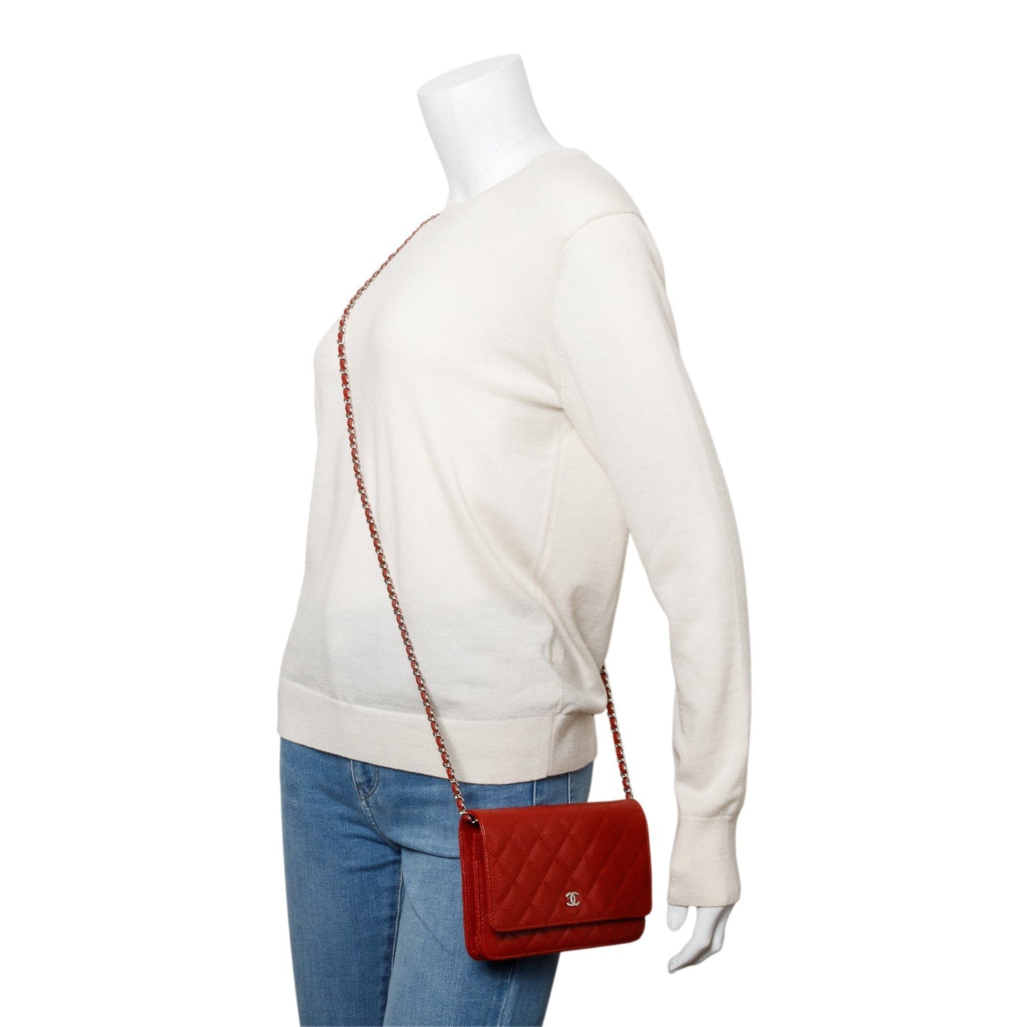 Chanel Red Quilted Caviar Leather Classic Wallet on Chain