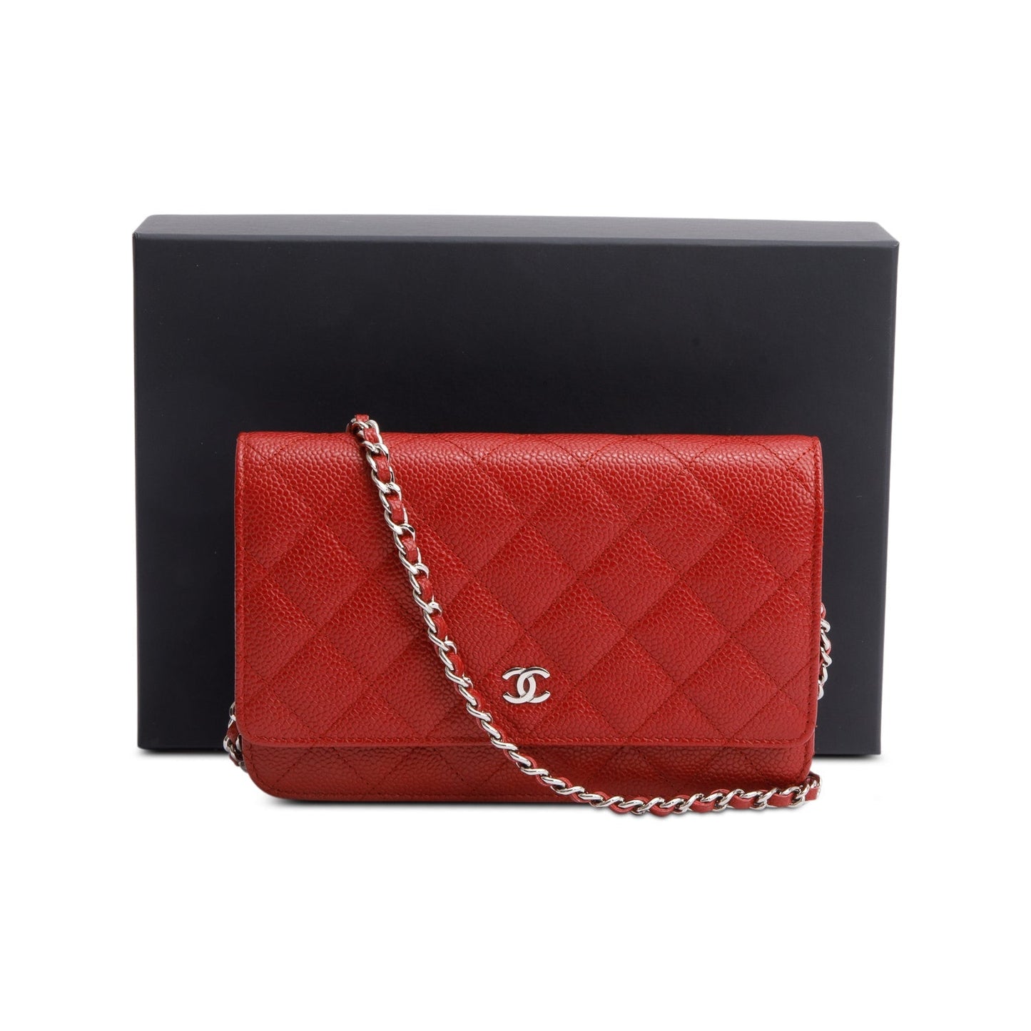 Chanel Red Quilted Caviar Leather Classic Wallet on Chain