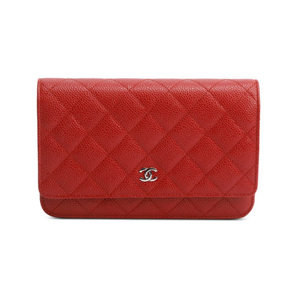 Chanel Red Quilted Caviar Leather Classic Wallet on Chain