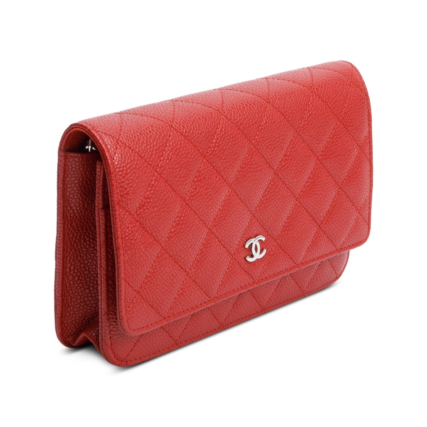 Chanel Red Quilted Caviar Leather Classic Wallet on Chain
