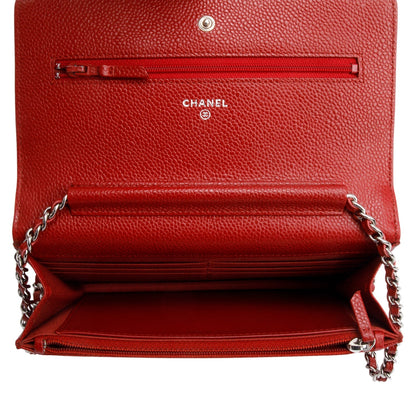 Chanel Red Quilted Caviar Leather Classic Wallet on Chain