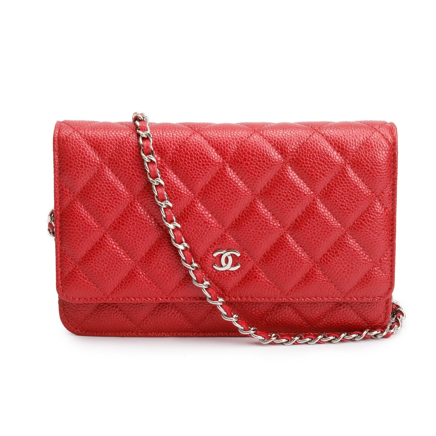 Chanel Red Quilted Caviar Leather Classic Wallet on Chain