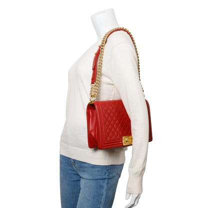 Chanel Red Quilted Caviar Leather Large Boy Bag