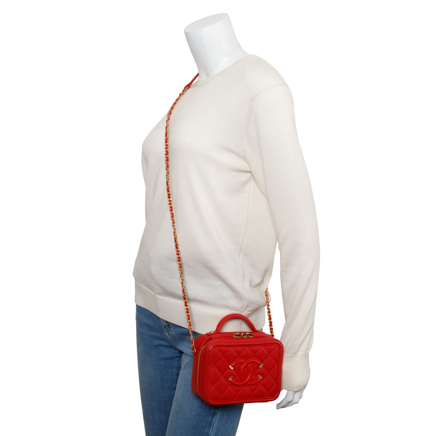 Chanel Red Quilted Caviar Leather Small CC Filigree Vanity Chain Clutch