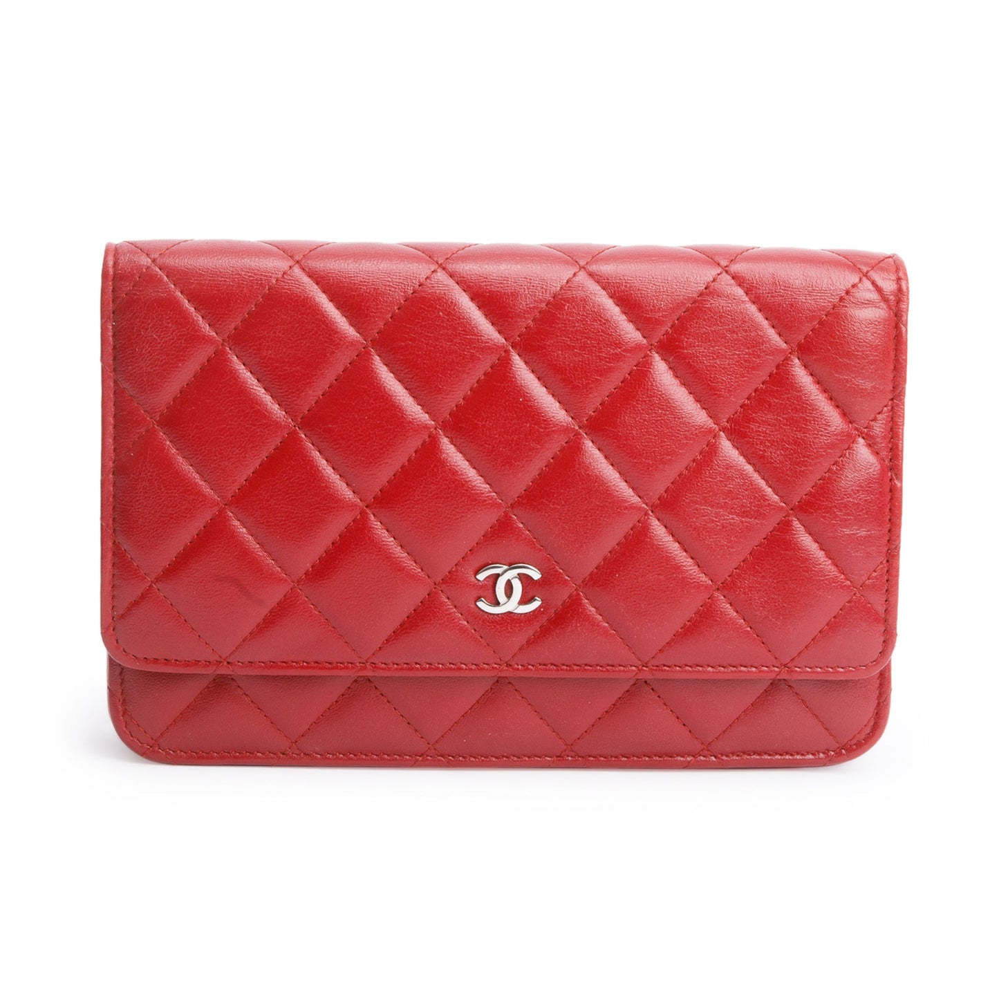 Chanel Red Quilted Lambskin Leather Classic Wallet on Chain