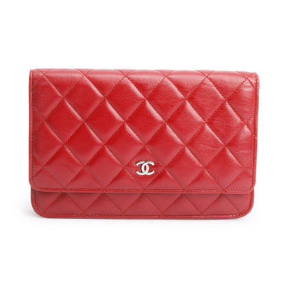 Chanel Red Quilted Lambskin Leather Classic Wallet on Chain