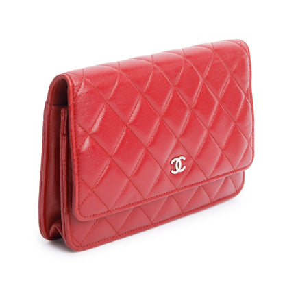 Chanel Red Quilted Lambskin Leather Classic Wallet on Chain