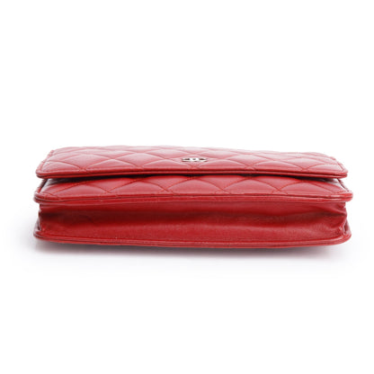 Chanel Red Quilted Lambskin Leather Classic Wallet on Chain