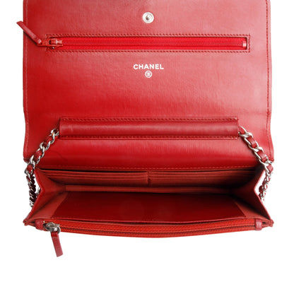 Chanel Red Quilted Lambskin Leather Classic Wallet on Chain