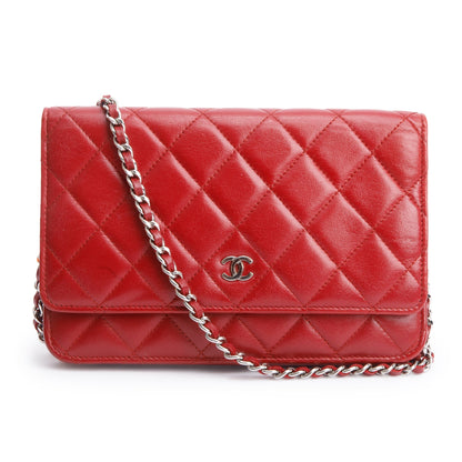 Chanel Red Quilted Lambskin Leather Classic Wallet on Chain