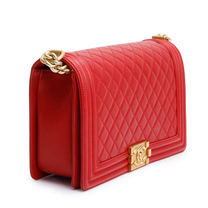 Chanel Red Quilted Lambskin Leather Large Boy Bag