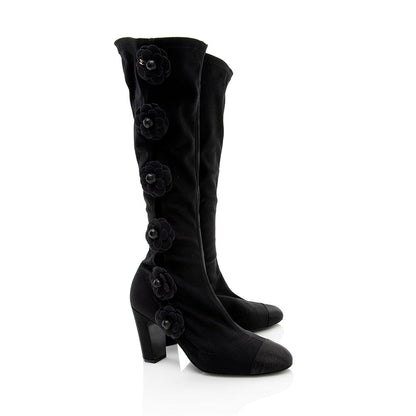 Chanel Satin Camellia Sock Boot - Size 7 / 37 (SHF-17935)