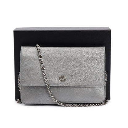 Chanel Silver Calfskin Leather CC Wallet on Chain