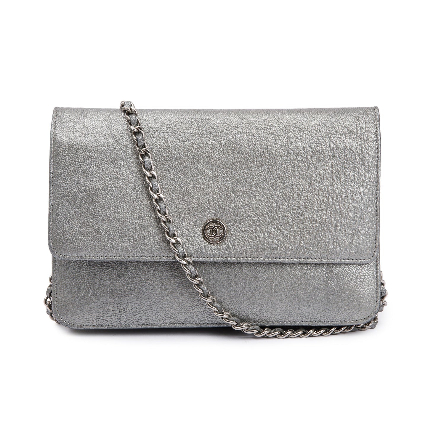Chanel Silver Calfskin Leather CC Wallet on Chain